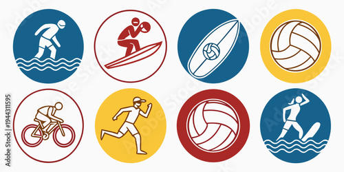 A collection of various sports equipment icons arranged in a circular pattern