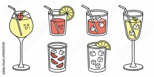 Assorted colorful drinks and beverages in various containers on a flat surface