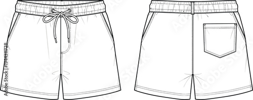 Black and white of front and back of shorts with drawstring waist and pocket fashion clothing apparel