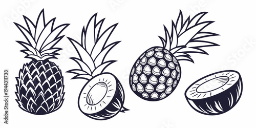 A detailed illustration of a pineapple with one cut in half and two whole pineapples