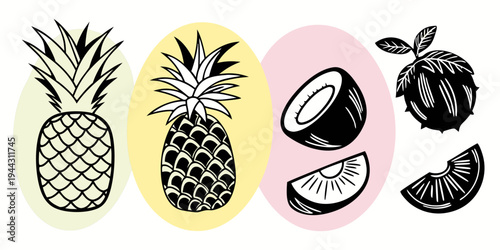 A vibrant illustration showcasing a trio of pineapples and a pair of cherries.