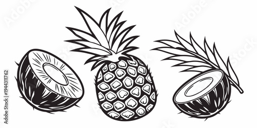 Three whole pineapples and two halves of pineapple on a white background
