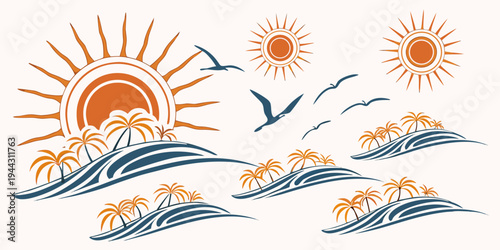 A serene beach scene with a bright sun and gentle waves under a clear blue sky.