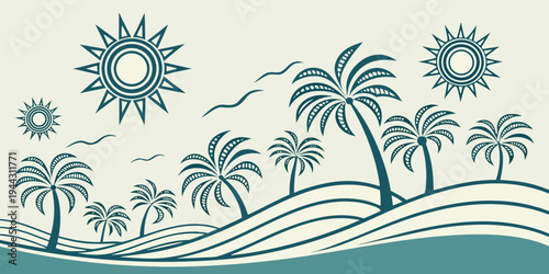 A serene beach scene with palm trees and a clear blue sky with scattered clouds