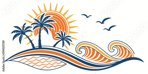 A serene beach scene with palm trees, waves, and a vibrant sunset in the background