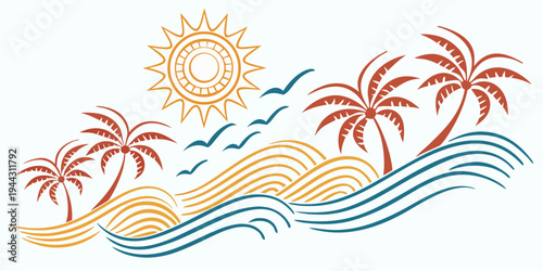 A vibrant beach scene with palm trees, waves, and a shining sun in the sky