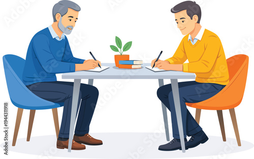 Two men sitting at a desk collaborating on documents during a professional business meeting.
