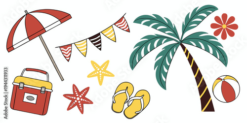 A tropical beach scene featuring palm trees, flags, and various beach items