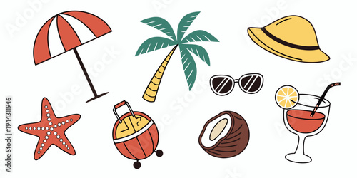 A vibrant tropical beach scene with a starfish, coconut, sunglasses, and more.