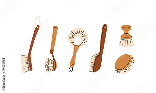 Eco cleaning supplies set. Natural brush, wooden scrub, lemon, baking soda, soap dispenser, loofah, sponge. Zero waste home collection hand drawn vector illustration