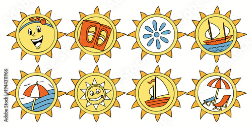 A vibrant collection of nine distinct sun designs showcasing various artistic styles and elements