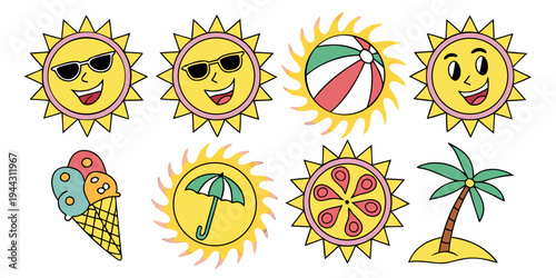 A collection of diverse and colorful sun illustrations with various facial expressions and accessories