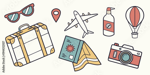 Vintage travel icons featuring a suitcase, map, airplane, and hot air balloon