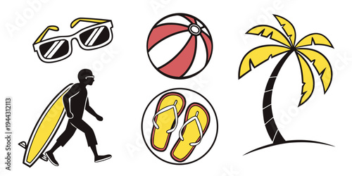 A person holding a surfboard with a beach ball, flip flops, and a palm tree nearby