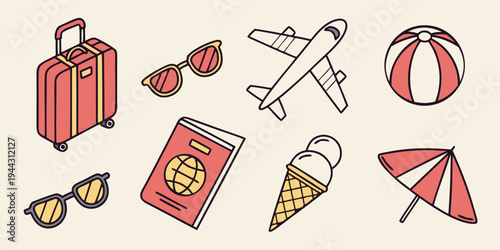 Assorted travel and summer vacation items including luggage, snacks, and beach accessories