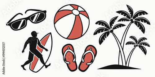 A person in a swimsuit carrying a surfboard with a beach ball and flip flops nearby.