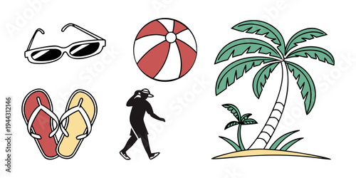 A collection of various beach and summer related icons and illustrations