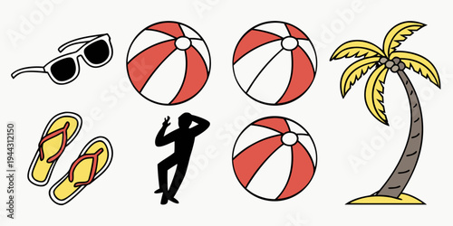 A collection of various beach items including sandals, a volleyball, and a palm tree