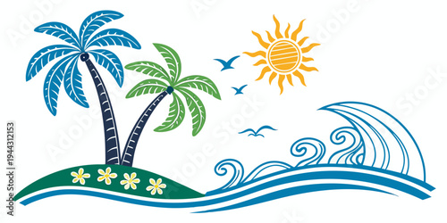 A vibrant illustration of tropical palm trees on a small island with a sun and waves
