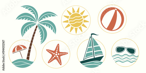 Assorted tropical and beach-themed icons including palm tree, sun, starfish, sailboat, and sunglasses.
