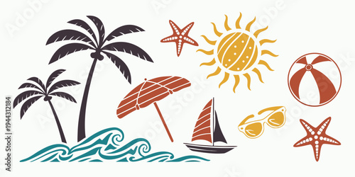 Vibrant beach scene with palm trees, sun, and various beach activities