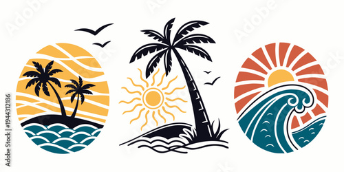 Three tropical beach scenes with palm trees and ocean waves under a sunrise and sunset sky
