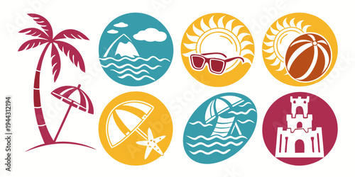 A collection of colorful icons representing various summer activities and objects