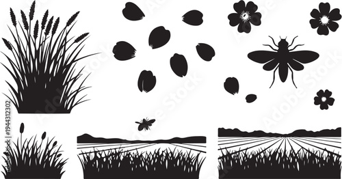 Black silhouettes of insects and grass on white background