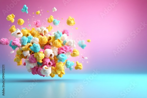 Playful Neon Popcorn Explosion in Mid Air for a Fun and Vibrant Background