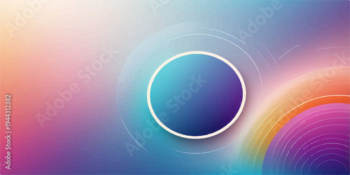 Abstract rainbow vector illustration featuring a shiny 3d glass circle design with colorful swirls and digital light patterns on a blue technological backdrop