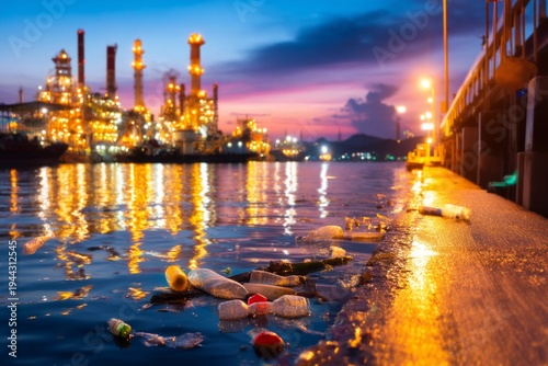 Pollution in Harbor at Twilight with Floating Plastic Waste and Industrial Background
