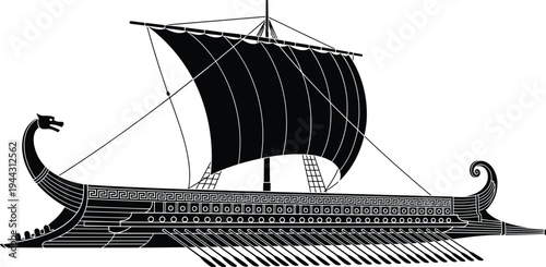 Ancient Greek galley silhouette with sail and oars isolated on white background for history nautical warship and mythology projects