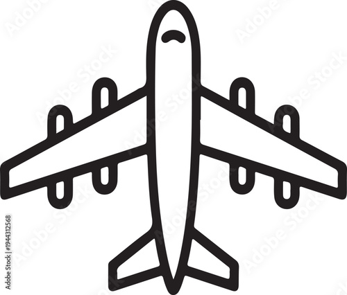 Airplane Icon Simple Air Travel Transport Graphic, Minimal line icon of an airplane representing air travel, aviation, transportation, and global tourism in a clean modern design.