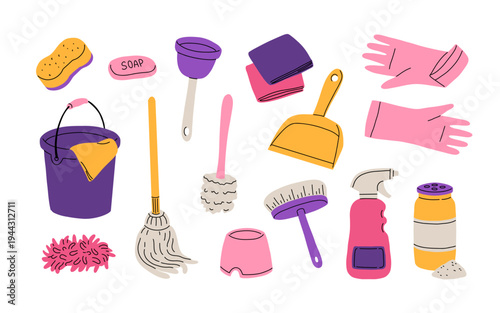 Cleaning supplies set. Mop, bucket, sponge, brush, dustpan, spray, soap, gloves, cloth, plunger. Home cleaning tools collection hand drawn vector illustration