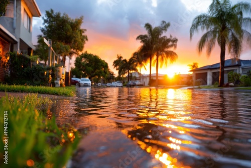 Powerful Sunrise Over Suburban Boulevard with Flooded Residential Streets and Reflective Water