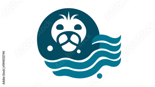 A stylized seal design featuring a teal-colored aquatic creature amidst waves and orbs