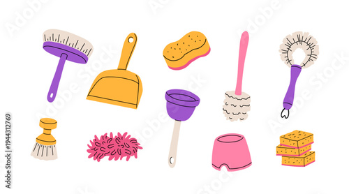 Cleaning supplies set. Mop, bucket, sponge, brush, dustpan, spray, soap, gloves, cloth, plunger. Home cleaning tools collection hand drawn vector illustration
