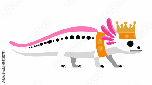 A cartoon axolotl, wearing a crown, a headband, a collar, with pink gills, and a dot pattern