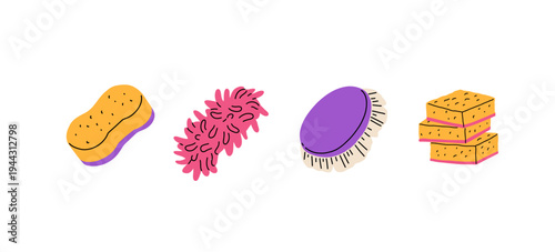 Cleaning supplies set. Mop, bucket, sponge, brush, dustpan, spray, soap, gloves, cloth, plunger. Home cleaning tools collection hand drawn vector illustration