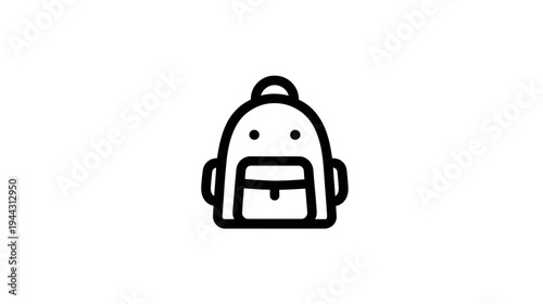 Black outline illustration of a backpack, with a pouch and handles, on a plain white background