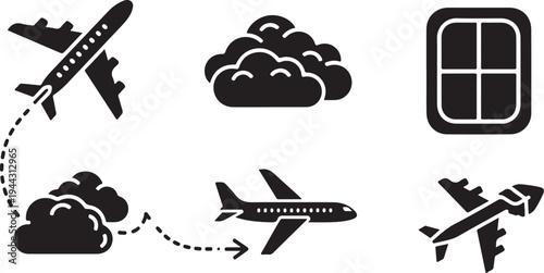 Airplane flying through clouds with travel icons and symbols