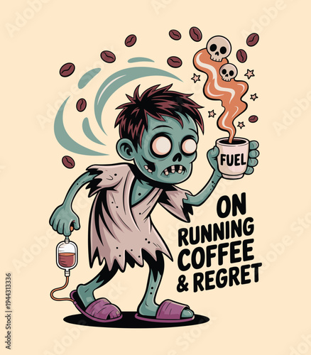 Funny Zombie Running On Coffee and Regret Cartoon Illustration