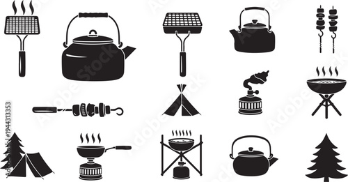 Camping and outdoor cooking icons and symbols illustration set