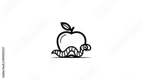 A black and white illustration of an apple with a leaf, and a worm crawling beneath