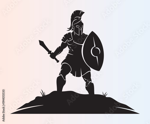 Ancient warrior silhouette with sword and shield ready for battle