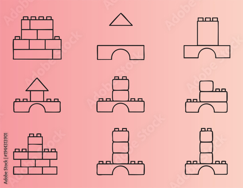 Creative toy block structures and shapes in playful arrangements