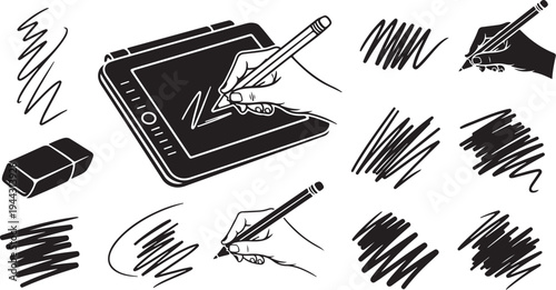 Digital drawing tablet with stylus and hand sketching illustrations