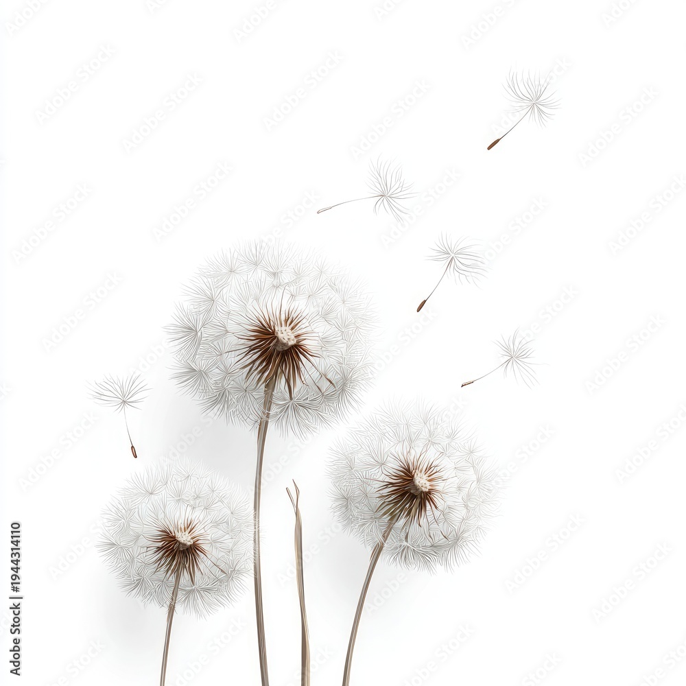 Obraz premium Close-up of dandelions, some dispersing seeds, on a stark white background