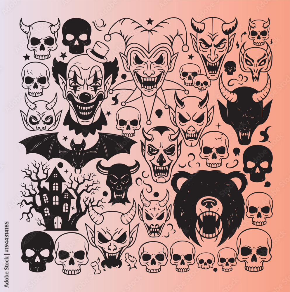 Fototapeta premium Halloweenthemed collection of spooky faces and icons in monochrome style
