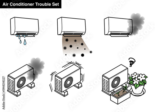 Air Conditioner Malfunction Icons Set Showing Mold, Water Leakage, Noise and Outdoor Unit Problems, isometric view